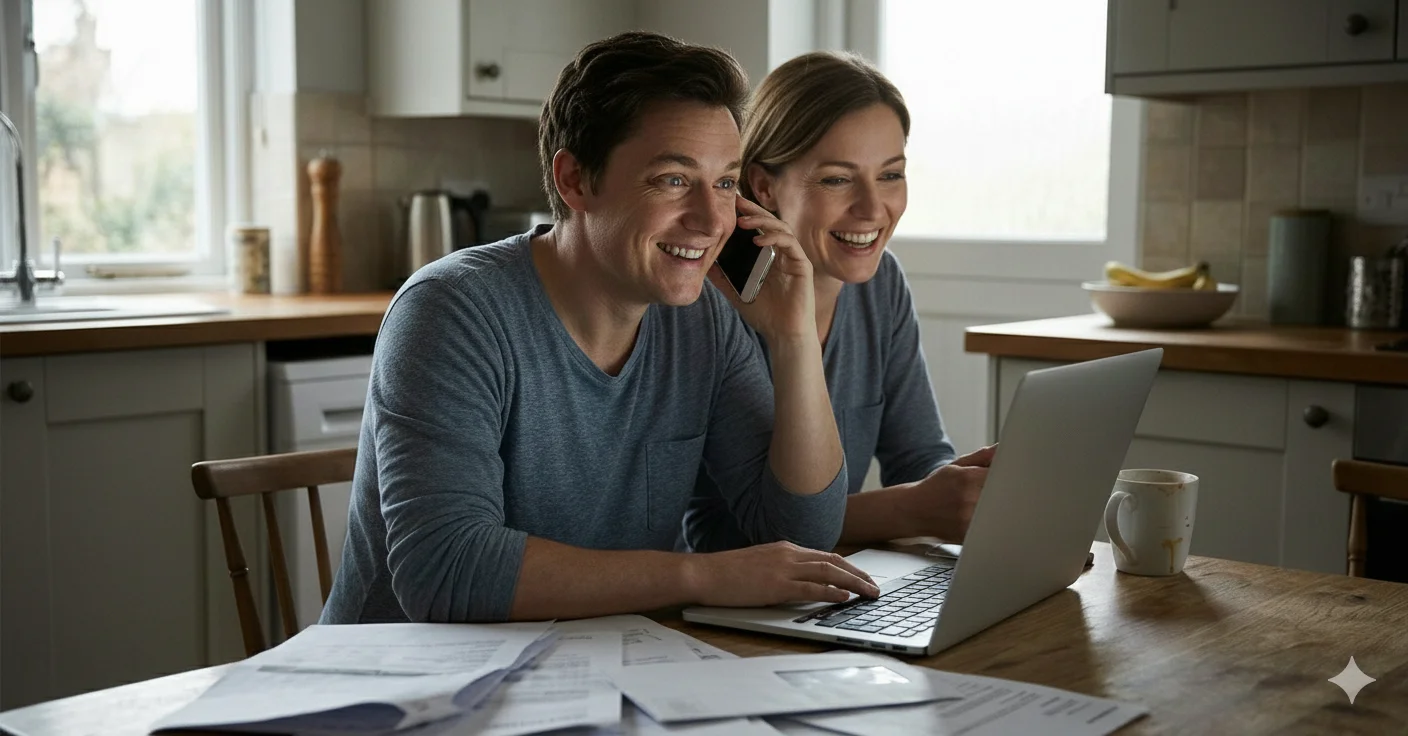 Happy couple reviewing debt relief options